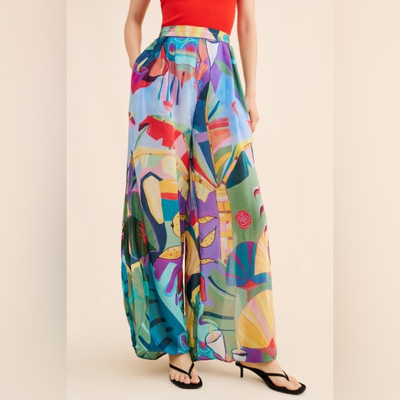 FARM Rio Pants - Farm Rio x Anthropologie Tropical Scenario Slit Wide Leg Pants sz L